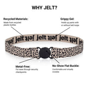 Jelt Anatomy with callouts: recycled materials, grippy gel, metal-free, flat buckle.