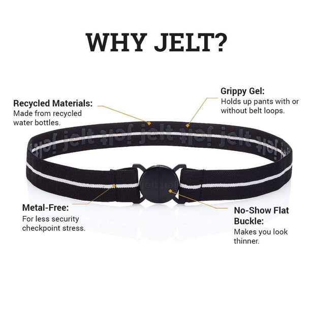 Jelt Junior black and white stripe elastic belt made for kids ages 5-9.