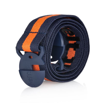 Youth Navy and Orange Stripe  elastic belts rolled.
