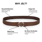 Jelt anatomy of Chestnut Brown Original: Made from recycled materials, grippy gel, metal-free and no-show flat buckle.