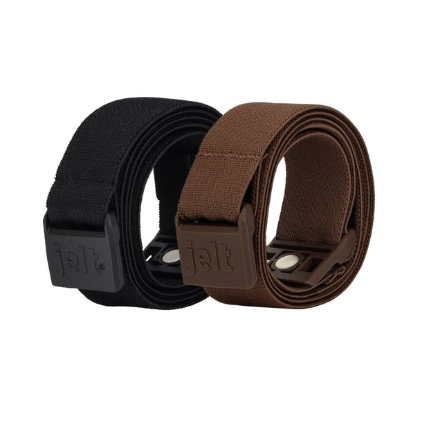 JeltX Belt Bundle: Black and Chestnut Brown JeltX adjustable belts.
