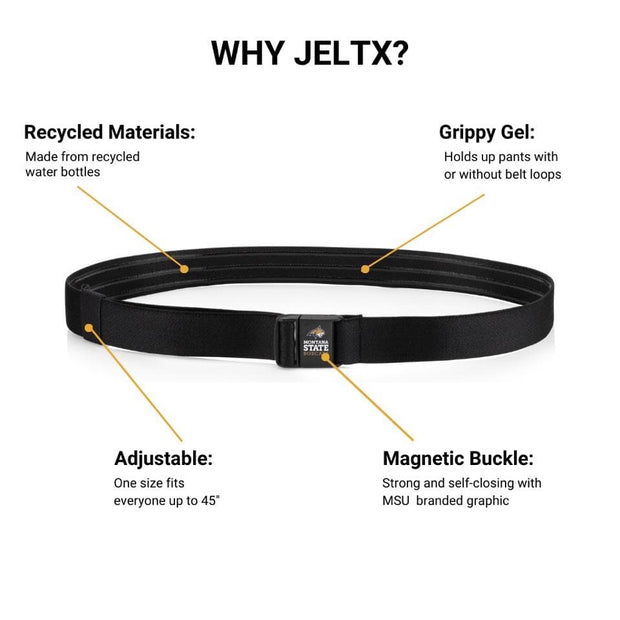 Anatomy of JeltX Adjustable belt with Montana State Bobcat on buckle