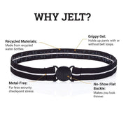 Jelt Junior black and white stripe elastic belt made for kids ages 5-9.