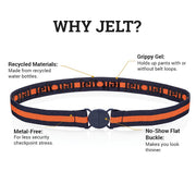 Youth Navy and Orange Stripe  elastic belt shown with belt anatomy: Made from recycled materials, grippy gel, metal-free and a no-show flat buckle..