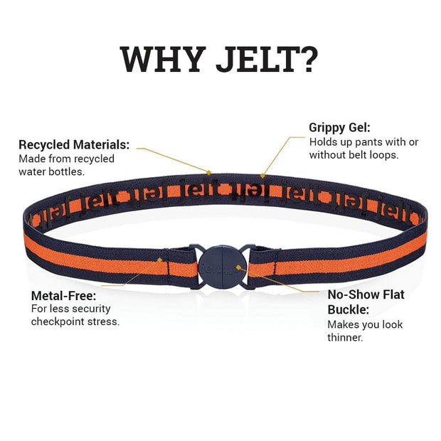 Youth Navy and Orange Stripe  elastic belt shown with belt anatomy: Made from recycled materials, grippy gel, metal-free and a no-show flat buckle..
