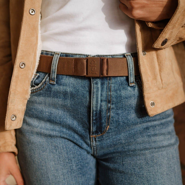 Chestnut brown JeltX Adjustable belt on a woman