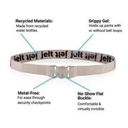 Jelt Anatomy with call-outs: Made from recycled materials; grippy inner gel; metal free and a no show flat buckle